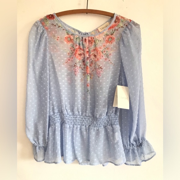 MERAKI Blouse Women's Size S Blue Floral Sheer Long Sleeve Kawaii Girlcore NWT - Picture 1 of 13
